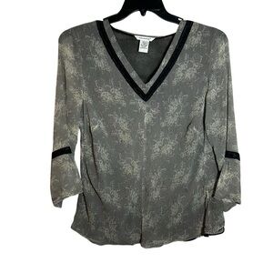 VTG Malcolm 100% Silk Chiffon Top Black White Overlay Floral V-Neck Coquette L
